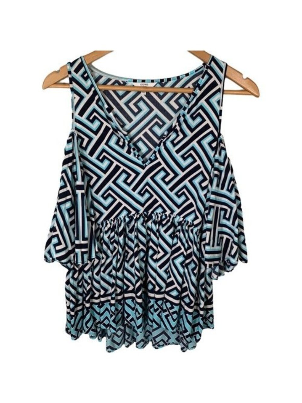 Crown & Ivy Womens XS Blue Geometric Cold Shoulder Boho Blouse